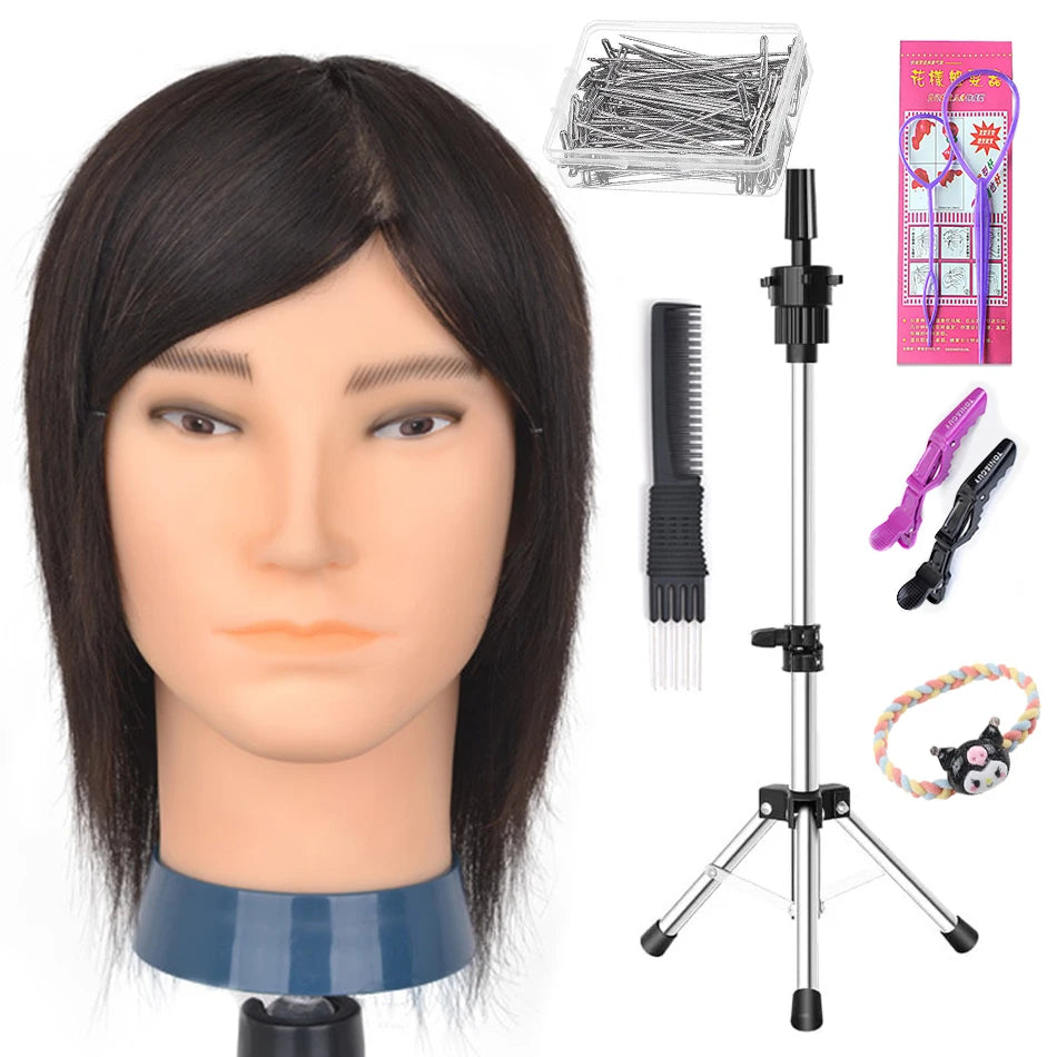 100% Human Hair Male Mannequin Head With Hair Beard Practice Manikin Hairdresser Cosmetology Training Doll Head For Hair Styling