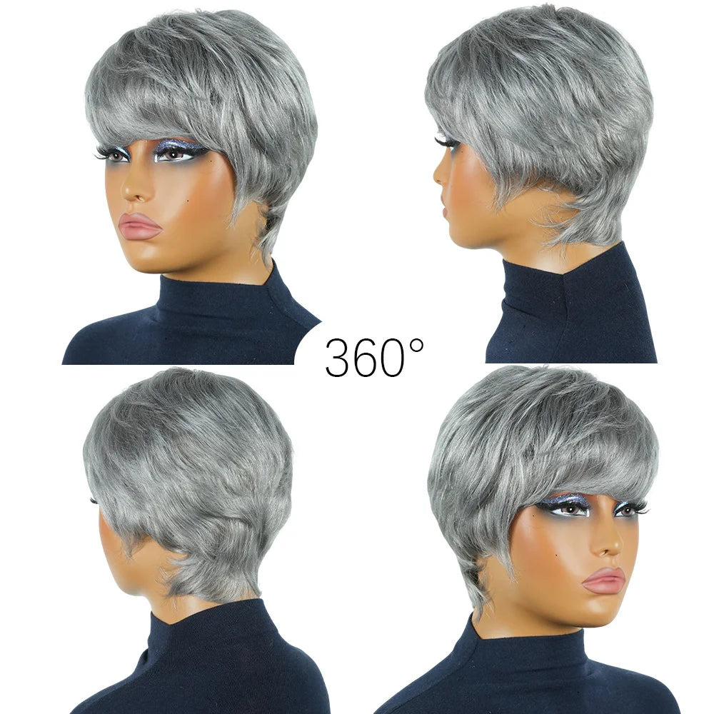 Men's Wig Pixie Cut Human Hair Short Hair With Bangs Silver White Gray 6 Inches Density 180% Machine Made For Men
