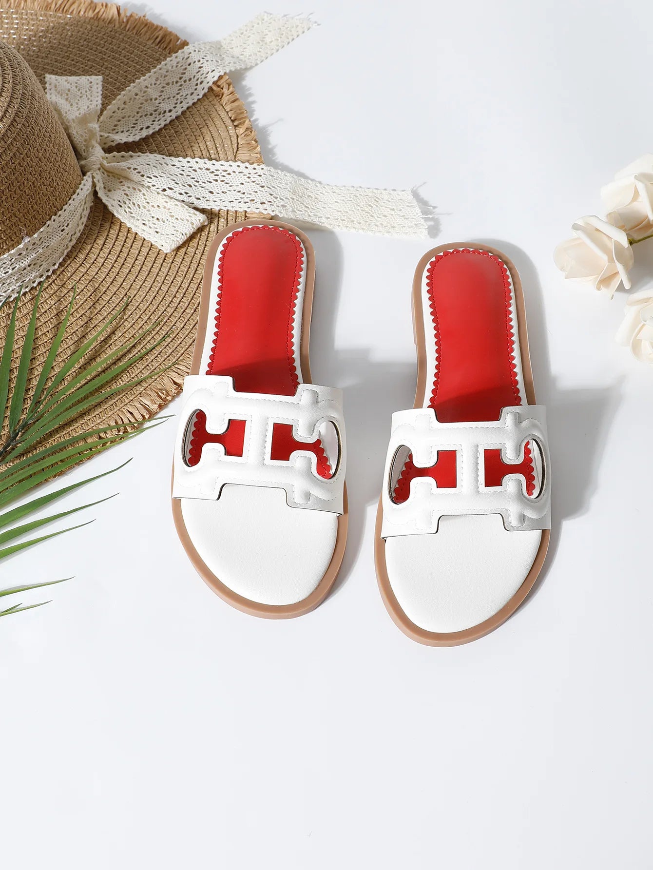 Ladies' slippers summer elegant slim-fitting breathable hollowed-out anti-slip soft-soled suitable vacation travel flat shoes