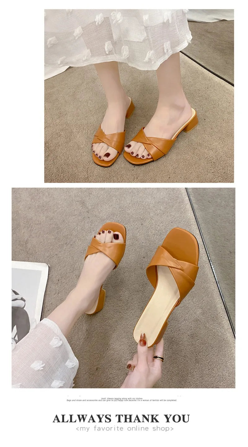Women's Slippers Summer New Thick Heel Slipper Luxury Casual Leather Slippers for Women Square Toe Open Toe Slides Muller Slides