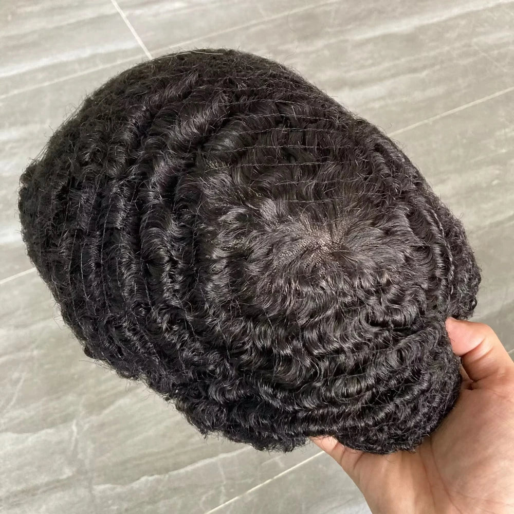Black Mens Human Hair Mono NPU Durable Hair Replacement Prosthesis System 10MM Deep Waves Afro Hairstyle Men's Toupee