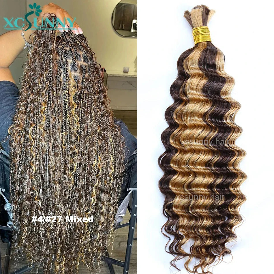 Bulk Human Hair For Braiding Curly Color 30 27 Double Drawn Deep Wave Bulk Human Hair Bundles No Weft Boho Knotsless Braids