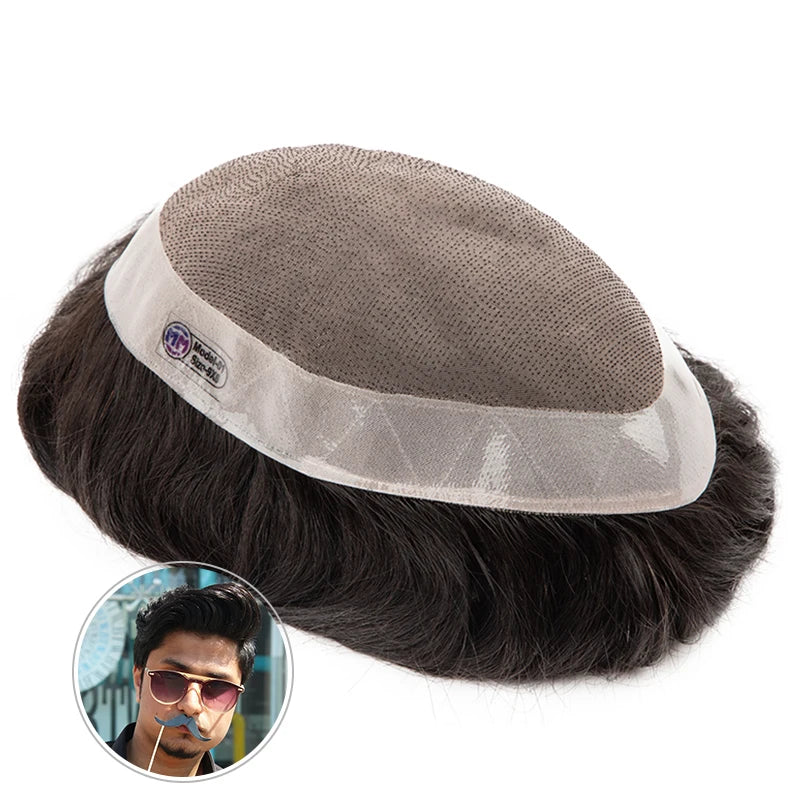 Male Human Hair Wig Mono NPU Indian Human Hair Prosthesis Durable Men Toupee Hair System Hairpiece Natural Brown Human Hairline