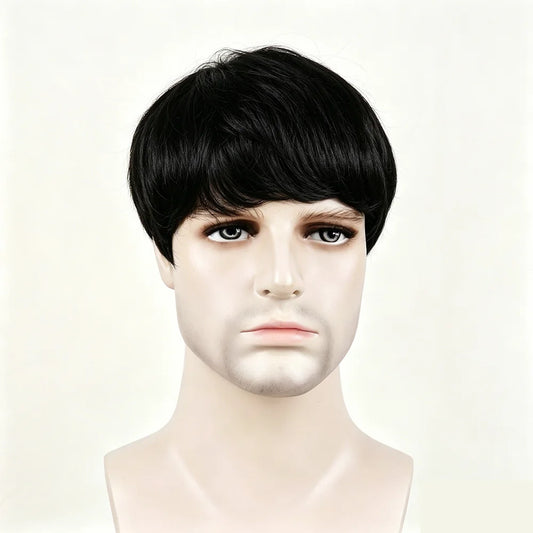 Men's Black Short Full Machine Made Wig with Straight Layered 100% Human Hair Wig with Bangs  for Daily Use