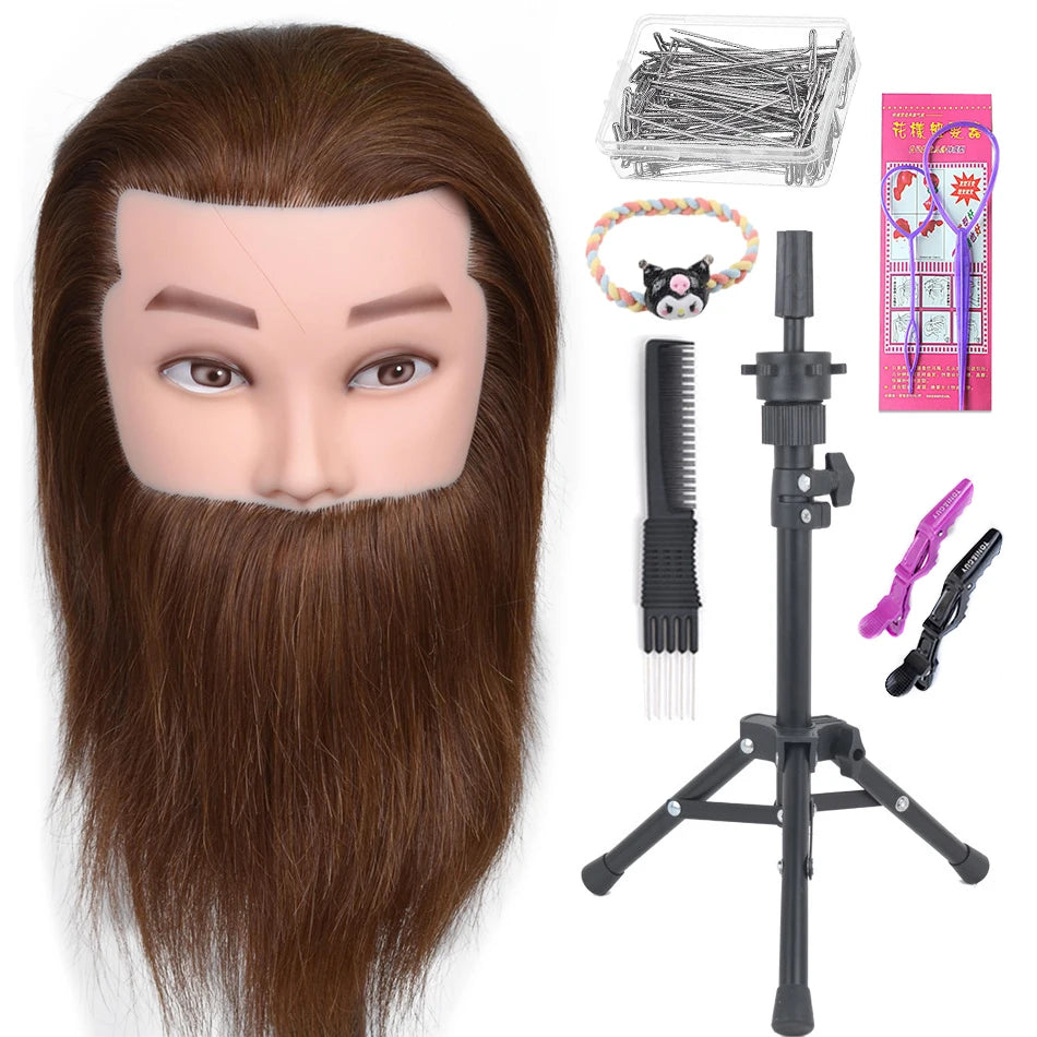 100% Human Hair Male Mannequin Head With Hair Beard Practice Manikin Hairdresser Cosmetology Training Doll Head For Hair Styling