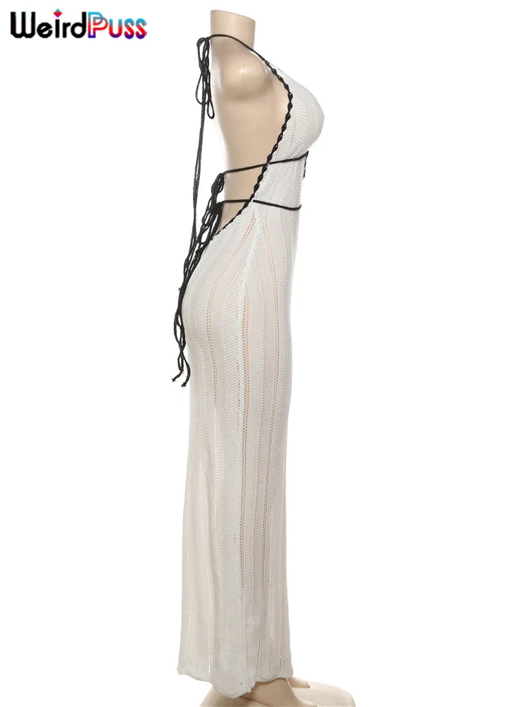 Weird Puss Sexy Elegant Halter Dress Women Summer Backless Lace-Up Color-Block Sleeveless Trendy Nightclub Wild Fashion Clothing