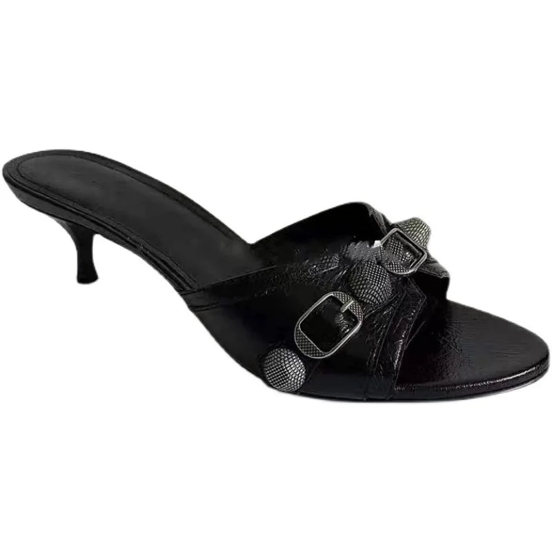 New High-heeled Slippers for Women 2024 One-word Stylish Commuter Studded Slippers for Women with Black Heels  Sandales