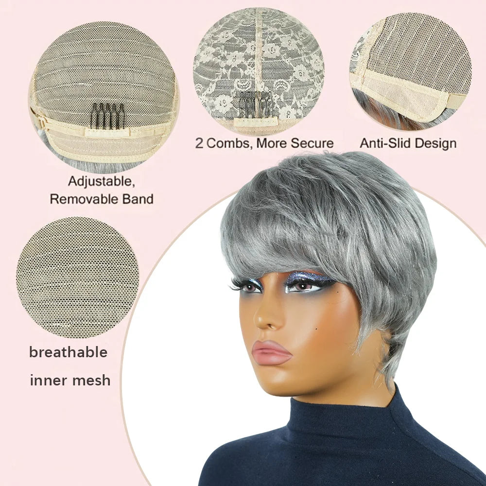 Men's Wig Pixie Cut Human Hair Short Hair With Bangs Silver White Gray 6 Inches Density 180% Machine Made For Men