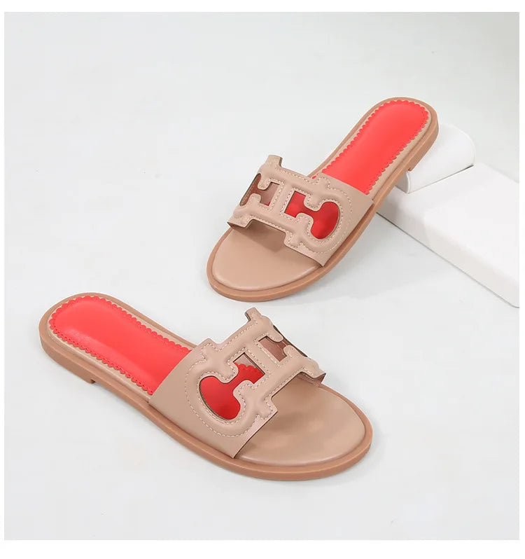Ladies' slippers summer elegant slim-fitting breathable hollowed-out anti-slip soft-soled suitable vacation travel flat shoes
