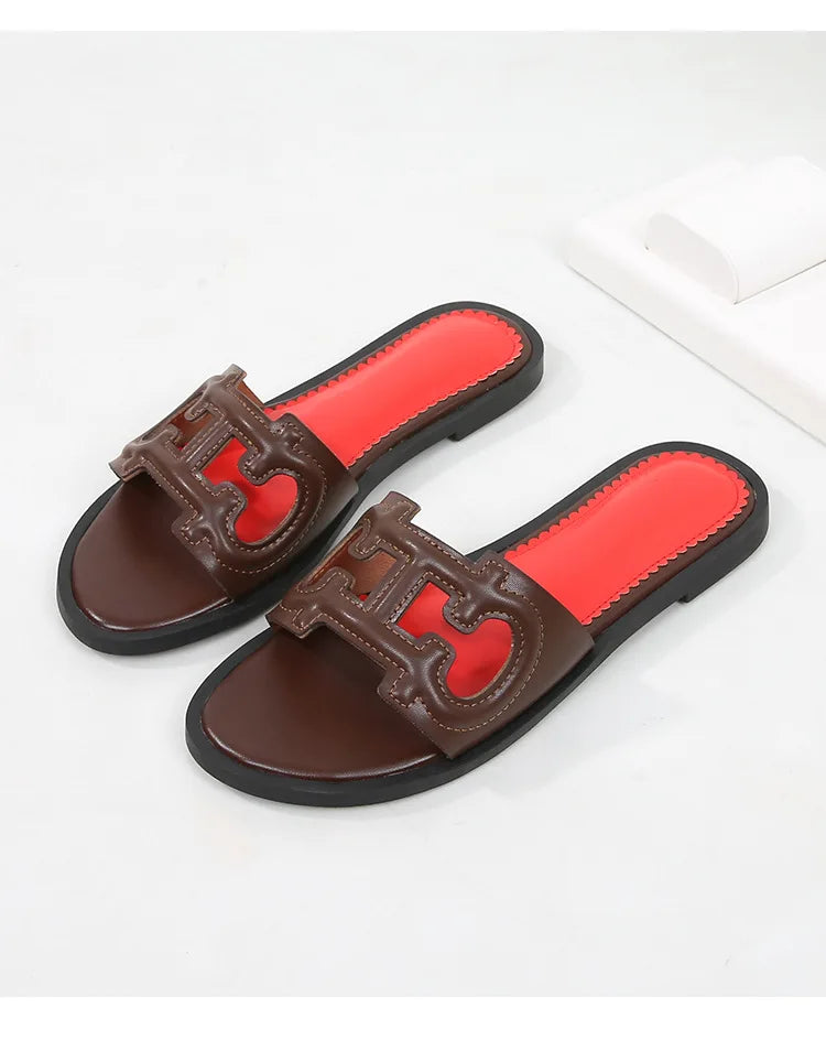 Ladies' slippers summer elegant slim-fitting breathable hollowed-out anti-slip soft-soled suitable vacation travel flat shoes