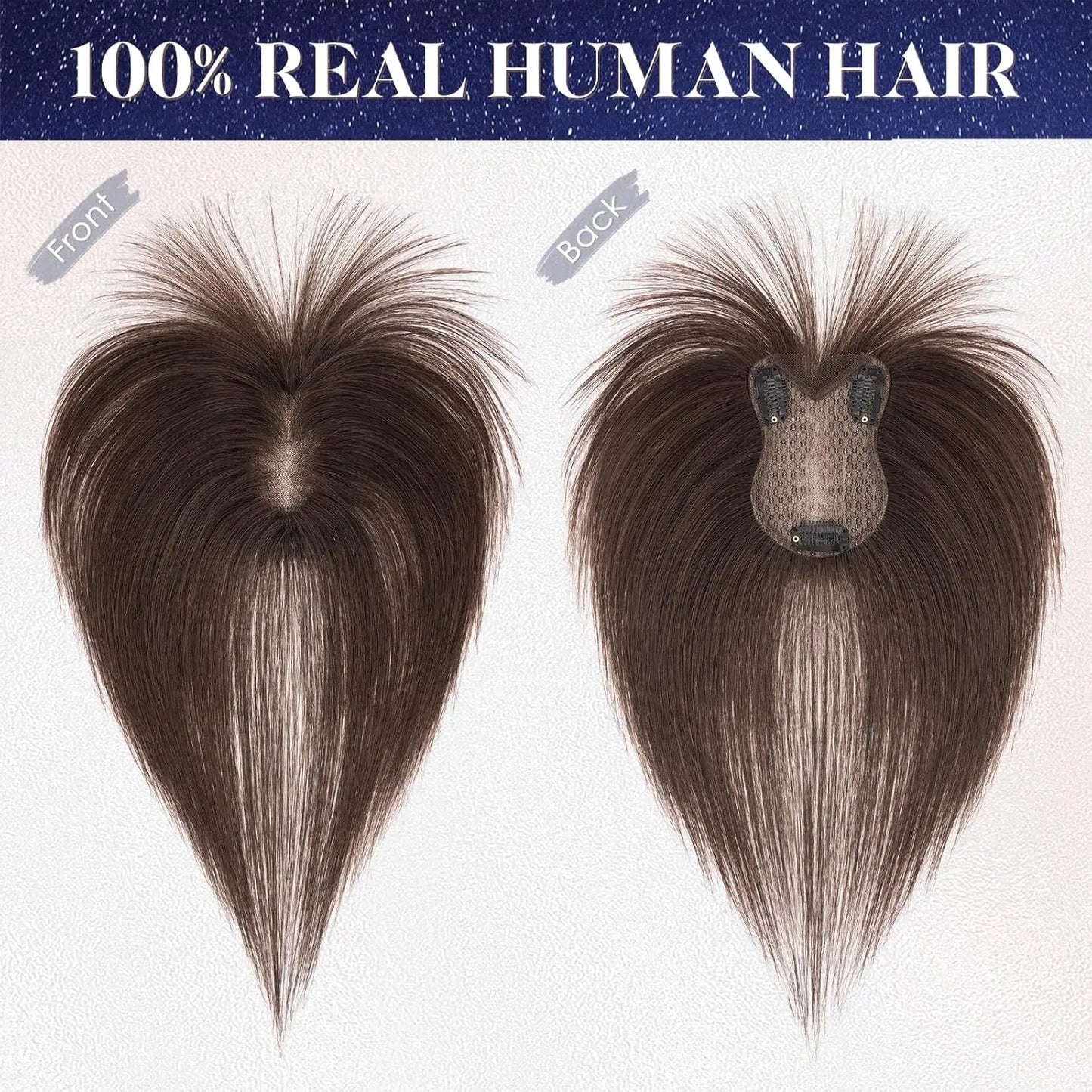 Human Hair Toppers for Women Real Human Hair Topper with Bangs Hand-Tied Thin Lace Base Light Weight Clip in Hairpiece Extension