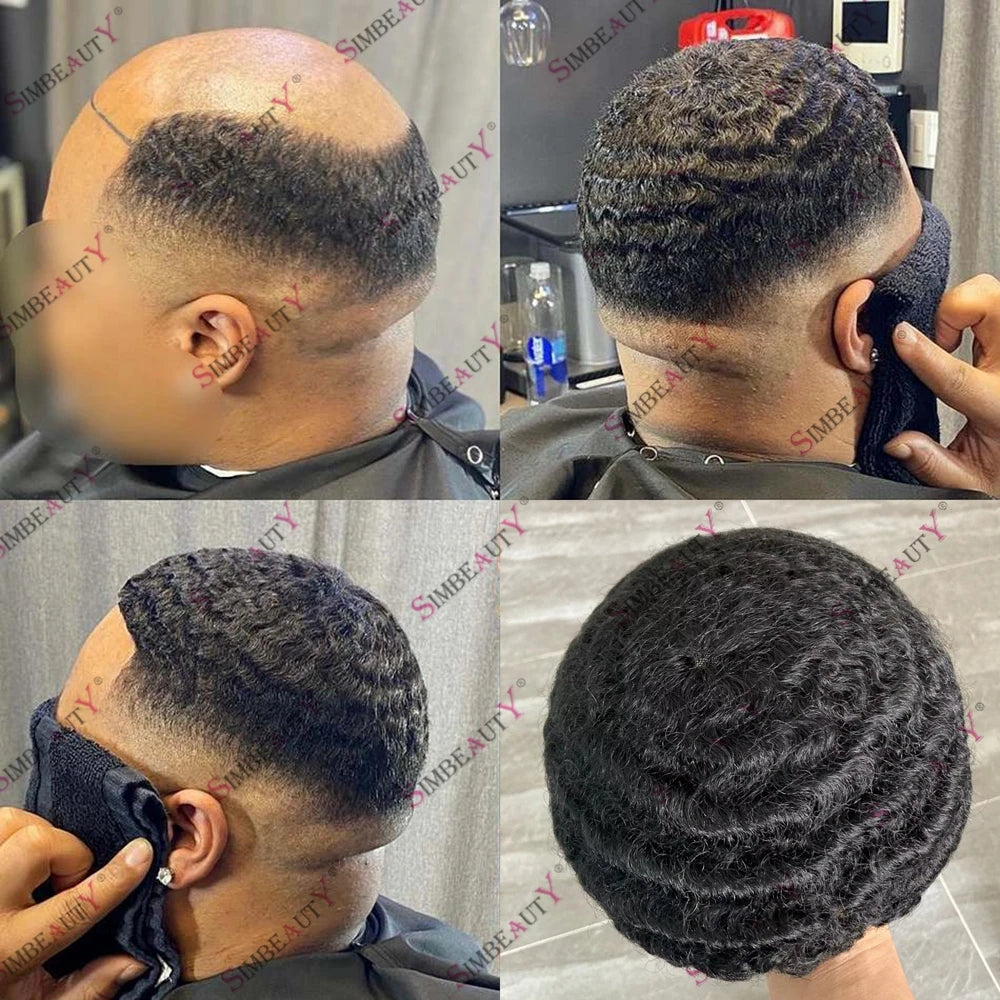 Black Mens Human Hair Mono NPU Durable Hair Replacement Prosthesis System 10MM Deep Waves Afro Hairstyle Men's Toupee