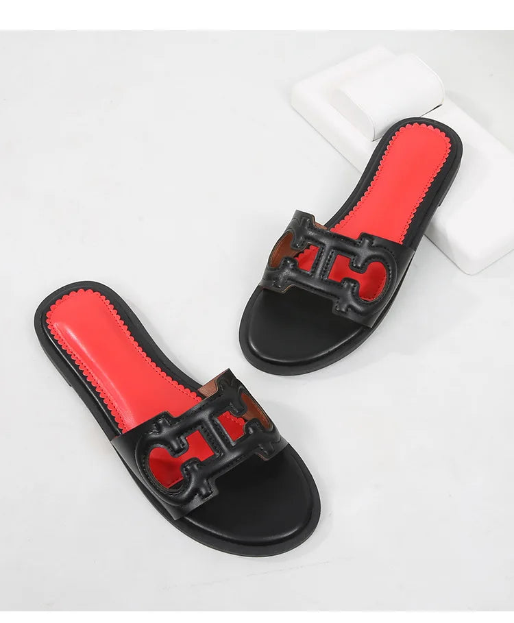 Ladies' slippers summer elegant slim-fitting breathable hollowed-out anti-slip soft-soled suitable vacation travel flat shoes