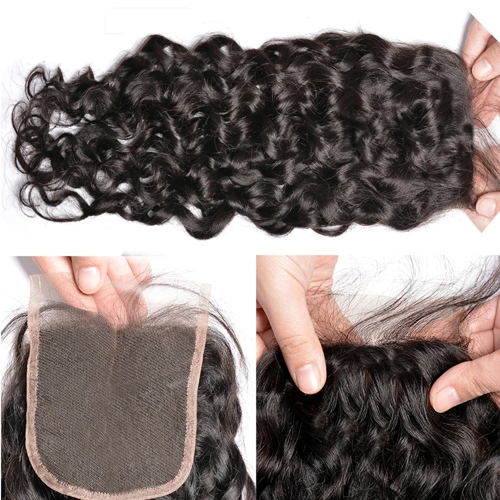 Malaysian Human Hair Water Wave Bundles With Lace Closure Virgin Human Hair Weave With 4x4 HD Transparent Lace Closure