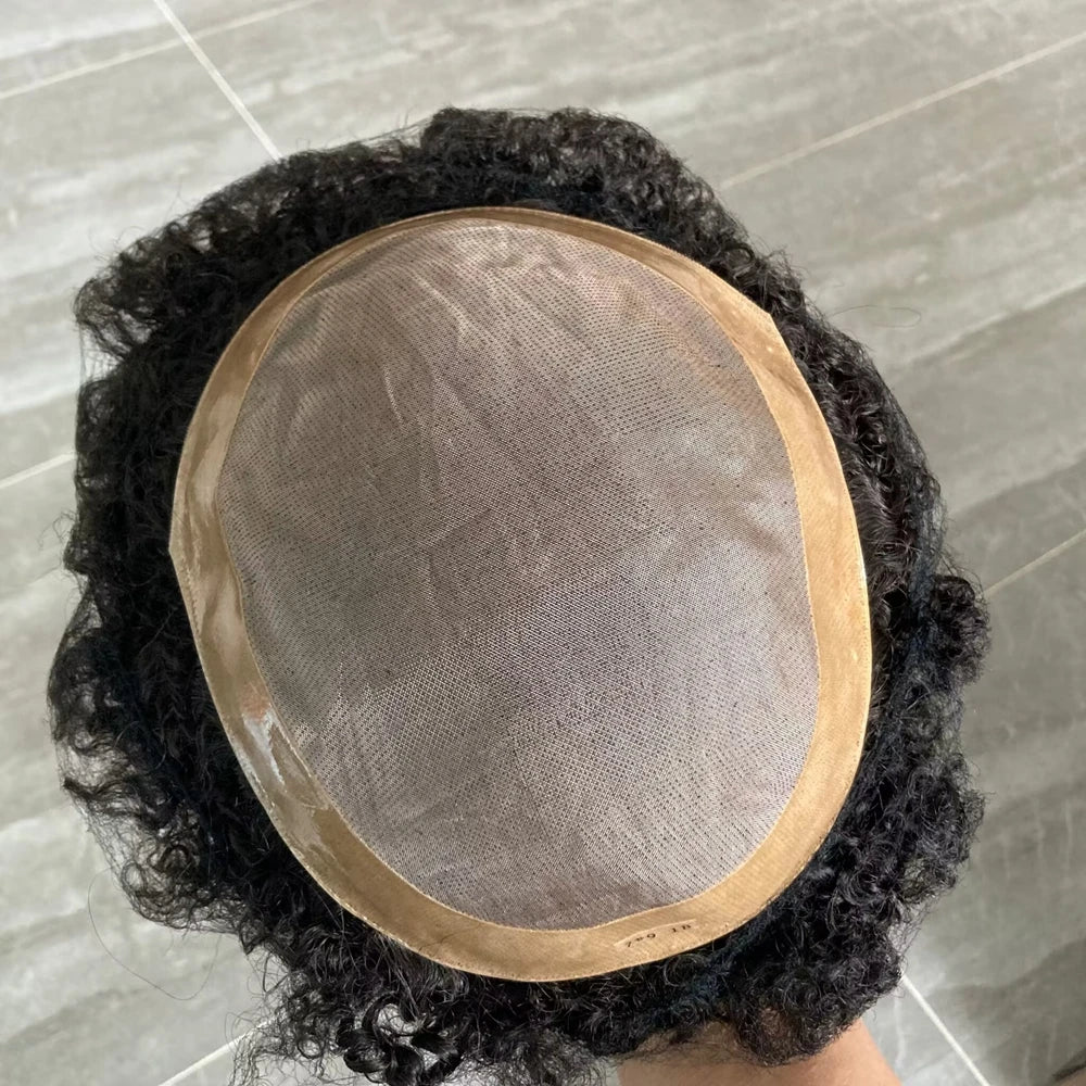 Black Mens Human Hair Mono NPU Durable Hair Replacement Prosthesis System 10MM Deep Waves Afro Hairstyle Men's Toupee