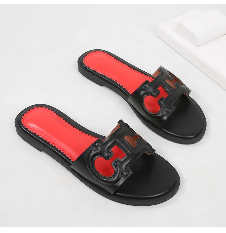 Ladies' slippers summer elegant slim-fitting breathable hollowed-out anti-slip soft-soled suitable vacation travel flat shoes