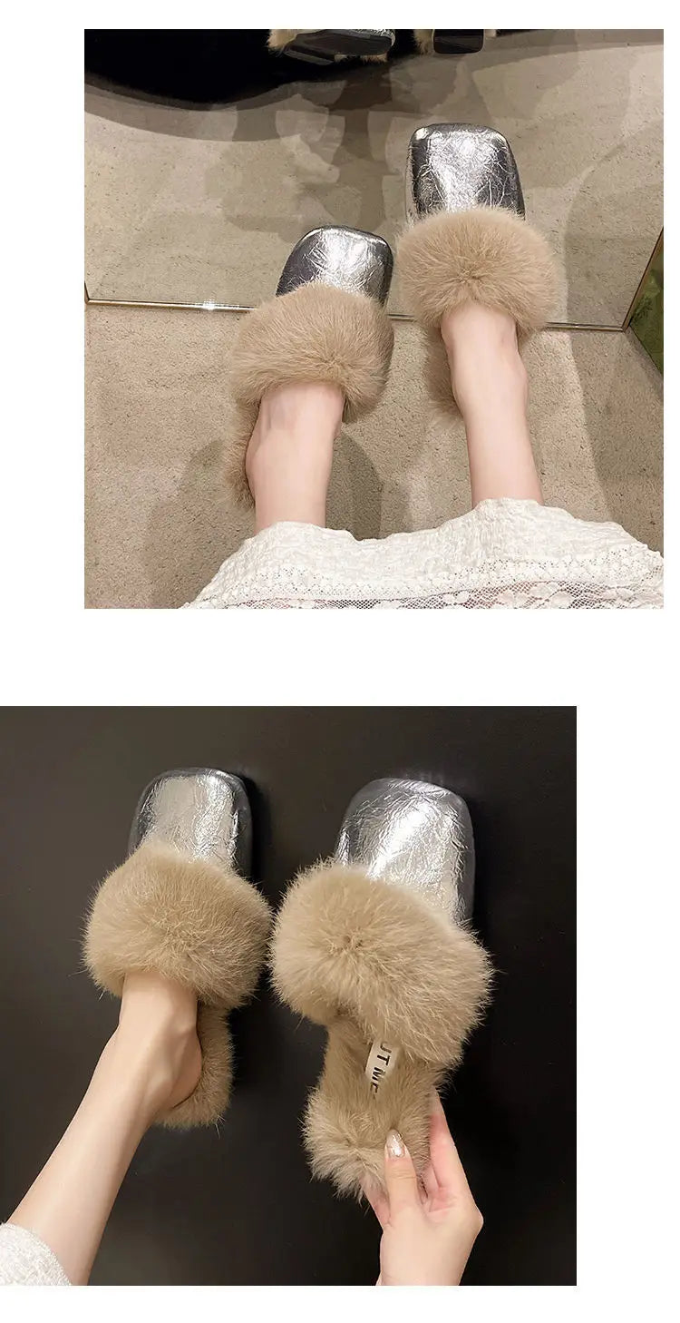 Women's Flat Slippers 2025 Autumn Winter Fashion Outdoor Warm Non Slip Plush Shoes Lightweight Comfortable Casual Half Slippers