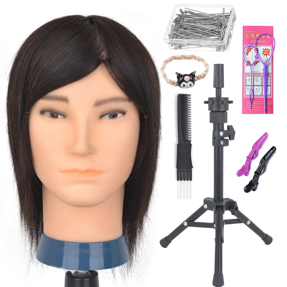 100% Human Hair Male Mannequin Head With Hair Beard Practice Manikin Hairdresser Cosmetology Training Doll Head For Hair Styling