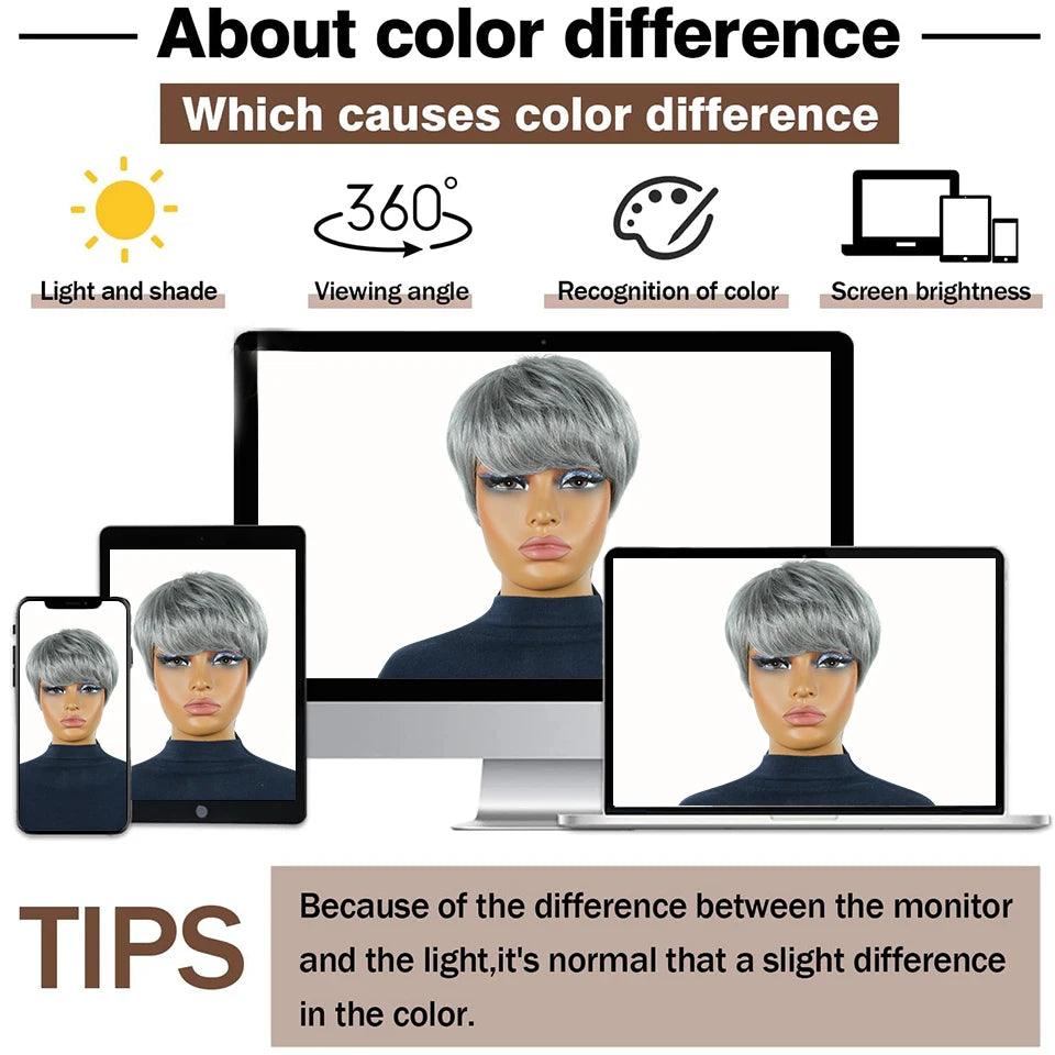 Men's Wig Pixie Cut Human Hair Short Hair With Bangs Silver White Gray 6 Inches Density 180% Machine Made For Men