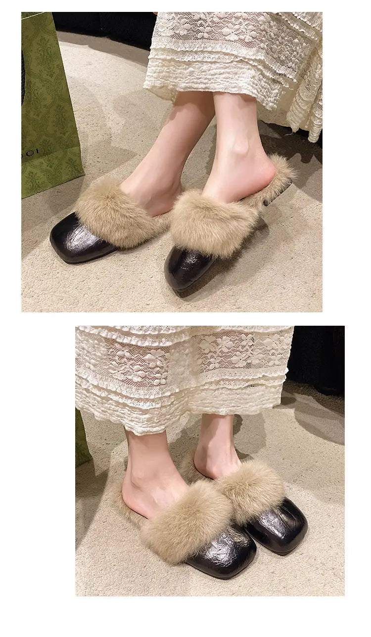 Women's Flat Slippers 2025 Autumn Winter Fashion Outdoor Warm Non Slip Plush Shoes Lightweight Comfortable Casual Half Slippers