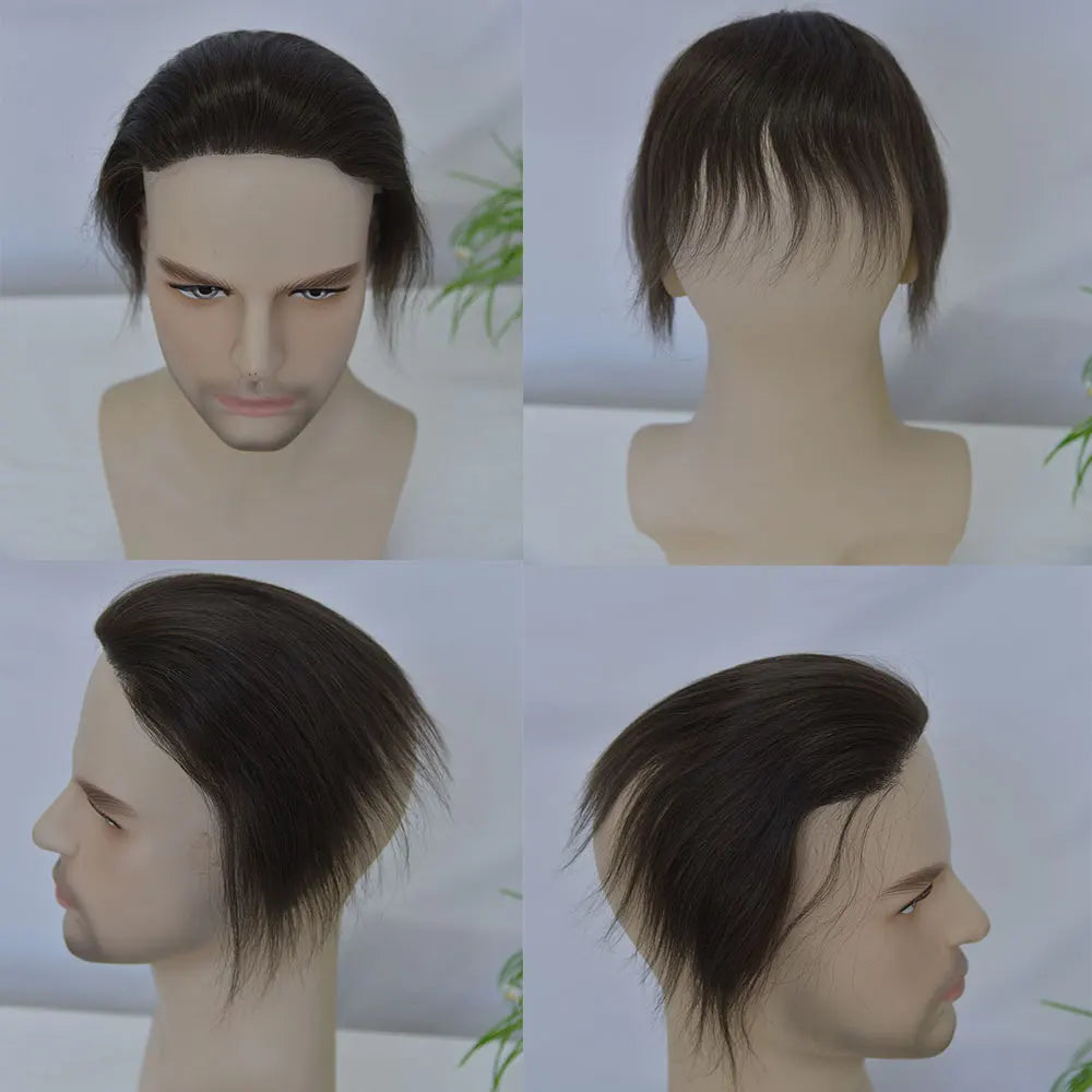 Hairline Toupee for Men Human Hair Skin PU Hairpieces Natural Hairline Brown Color 2# D Style Frontal Big 7x16cm