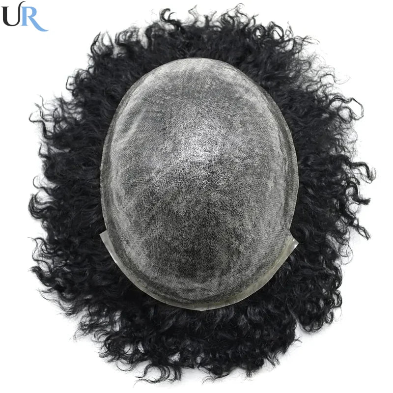 100% Human Hair Toupee For Men Curly Hair Full PU Base Men Hair System Black Men Grooming Essential