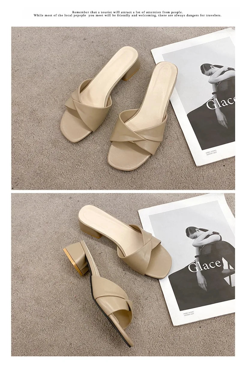 Women's Slippers Summer New Thick Heel Slipper Luxury Casual Leather Slippers for Women Square Toe Open Toe Slides Muller Slides