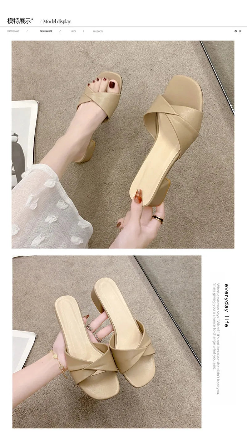 Women's Slippers Summer New Thick Heel Slipper Luxury Casual Leather Slippers for Women Square Toe Open Toe Slides Muller Slides