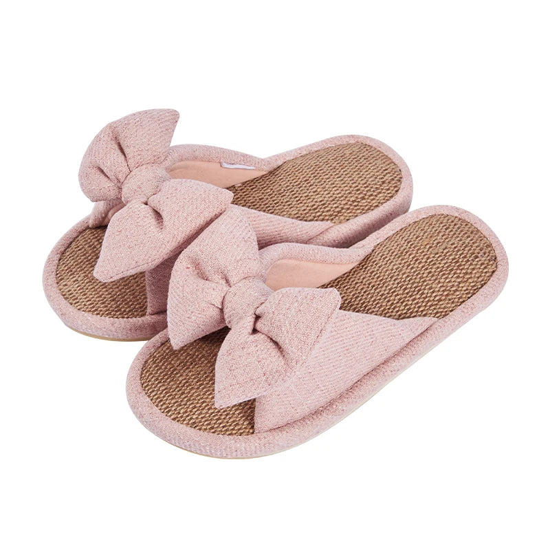 Women's Slippers for Spring, Autumn, and Summer, Indoor Home Non-Slip Wooden Floor Silent Slippers for All Seasons with Bowknot