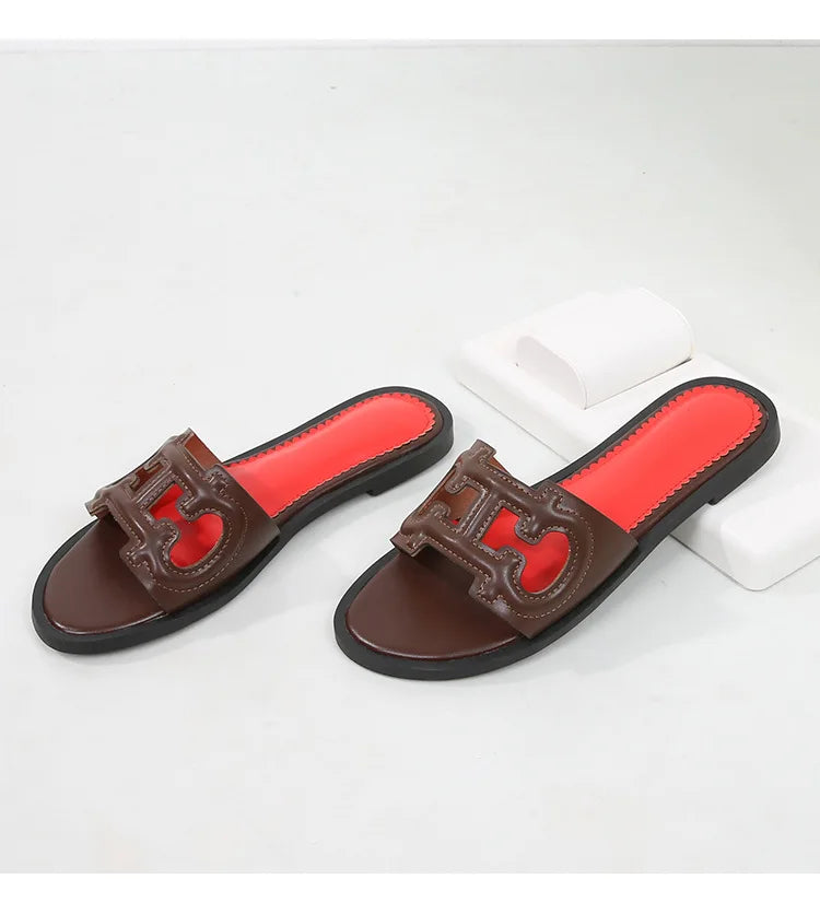 Ladies' slippers summer elegant slim-fitting breathable hollowed-out anti-slip soft-soled suitable vacation travel flat shoes