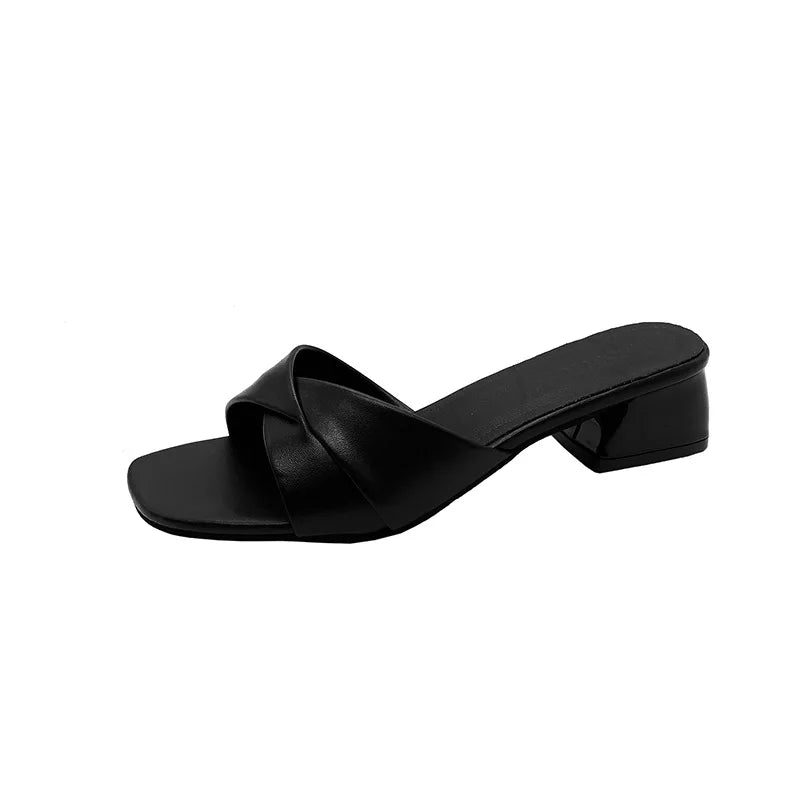 Women's Slippers Summer New Thick Heel Slipper Luxury Casual Leather Slippers for Women Square Toe Open Toe Slides Muller Slides