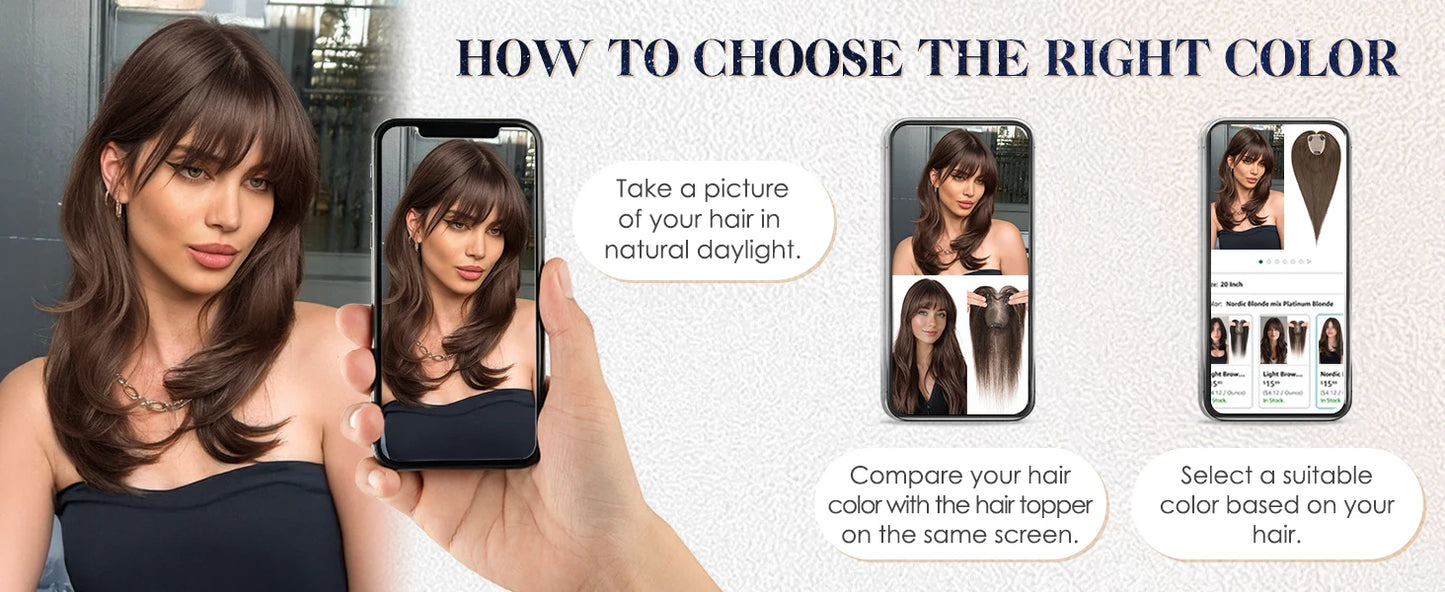 Human Hair Toppers for Women Real Human Hair Topper with Bangs Hand-Tied Thin Lace Base Light Weight Clip in Hairpiece Extension
