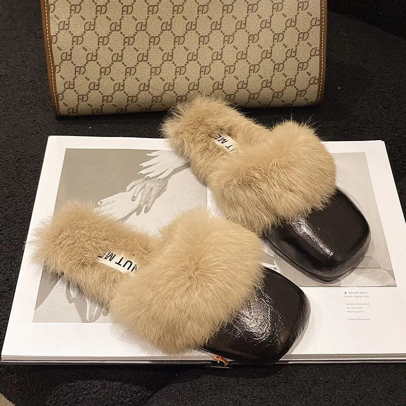 Women's Flat Slippers 2025 Autumn Winter Fashion Outdoor Warm Non Slip Plush Shoes Lightweight Comfortable Casual Half Slippers