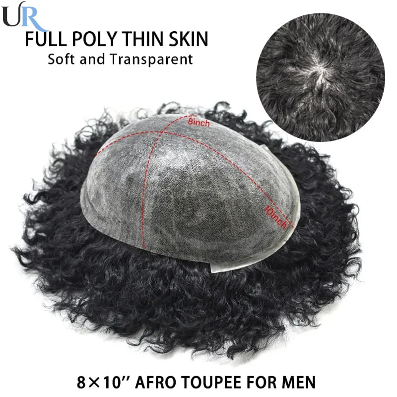 100% Human Hair Toupee For Men Curly Hair Full PU Base Men Hair System Black Men Grooming Essential
