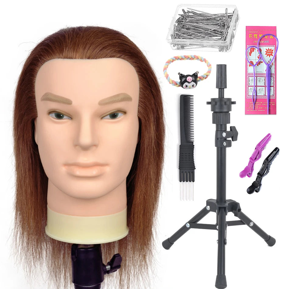 100% Human Hair Male Mannequin Head With Hair Beard Practice Manikin Hairdresser Cosmetology Training Doll Head For Hair Styling