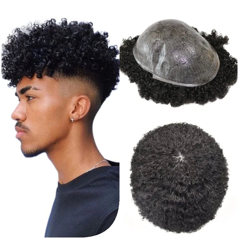 100% Human Hair Toupee For Men Curly Hair Full PU Base Men Hair System Black Men Grooming Essential