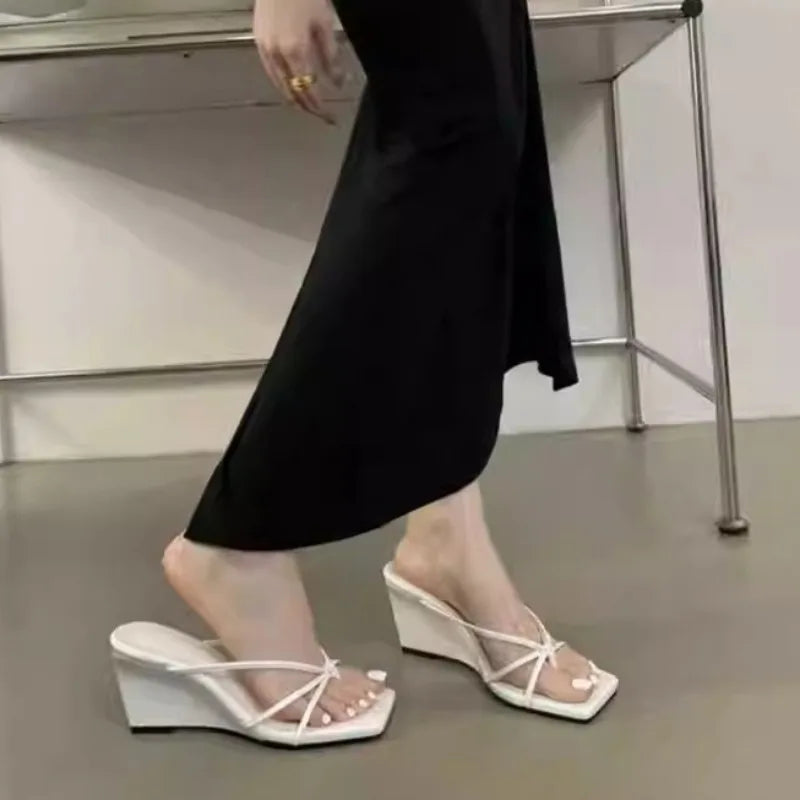 Slope Slippers Women's Fashion Square Head Clip Toe Set Foot Fine Strap Soft Sole Anti-slip Wear-resistant High Heels