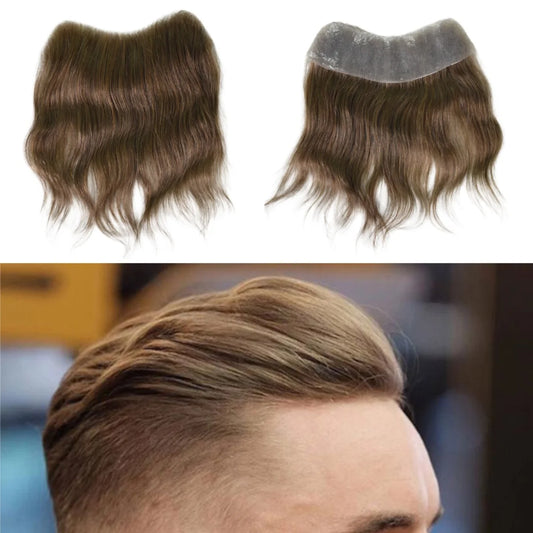 Men's forehead hairline wig; high density human hair skin PU men's frontal hairpiece V ring frontal hair top