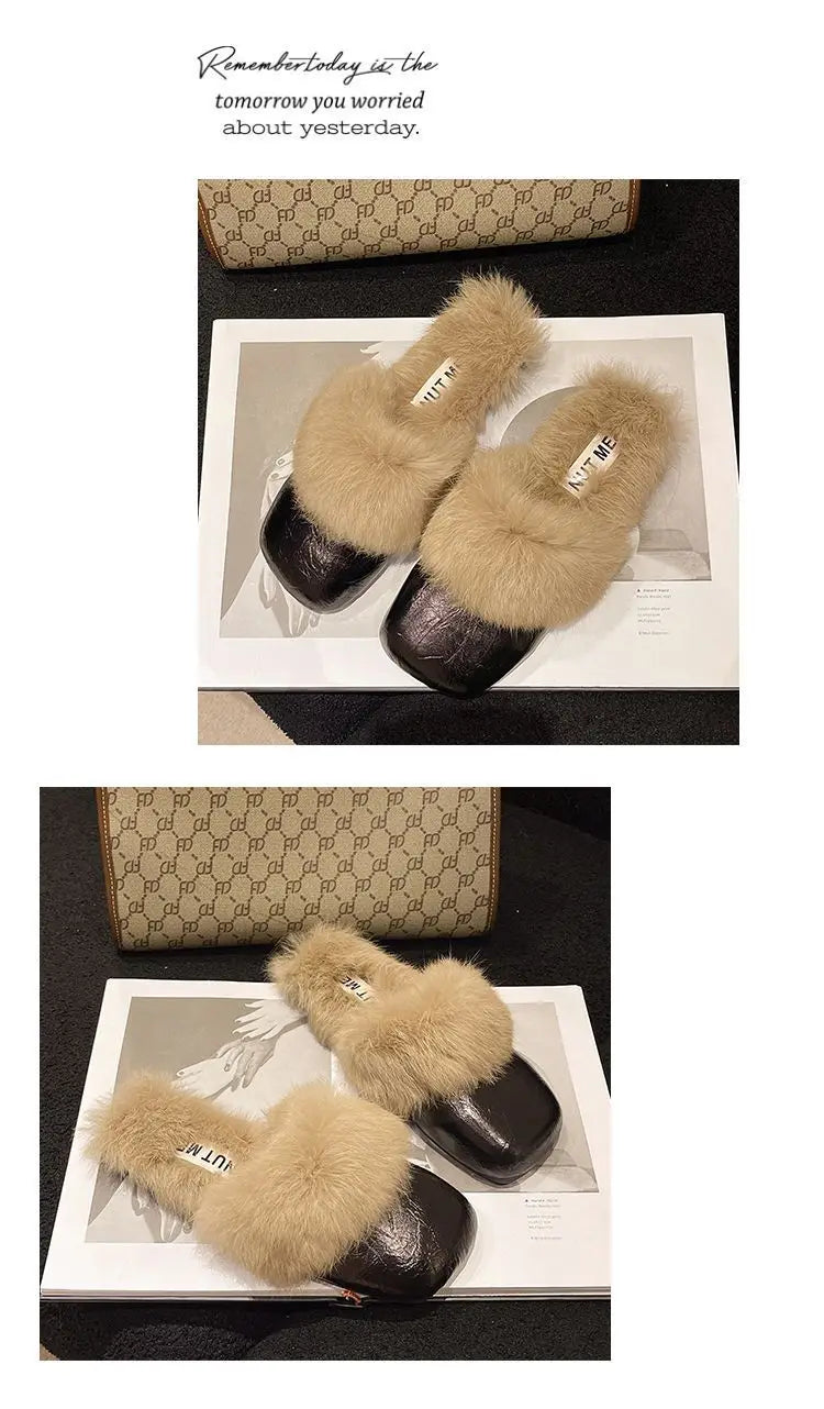 Women's Flat Slippers 2025 Autumn Winter Fashion Outdoor Warm Non Slip Plush Shoes Lightweight Comfortable Casual Half Slippers