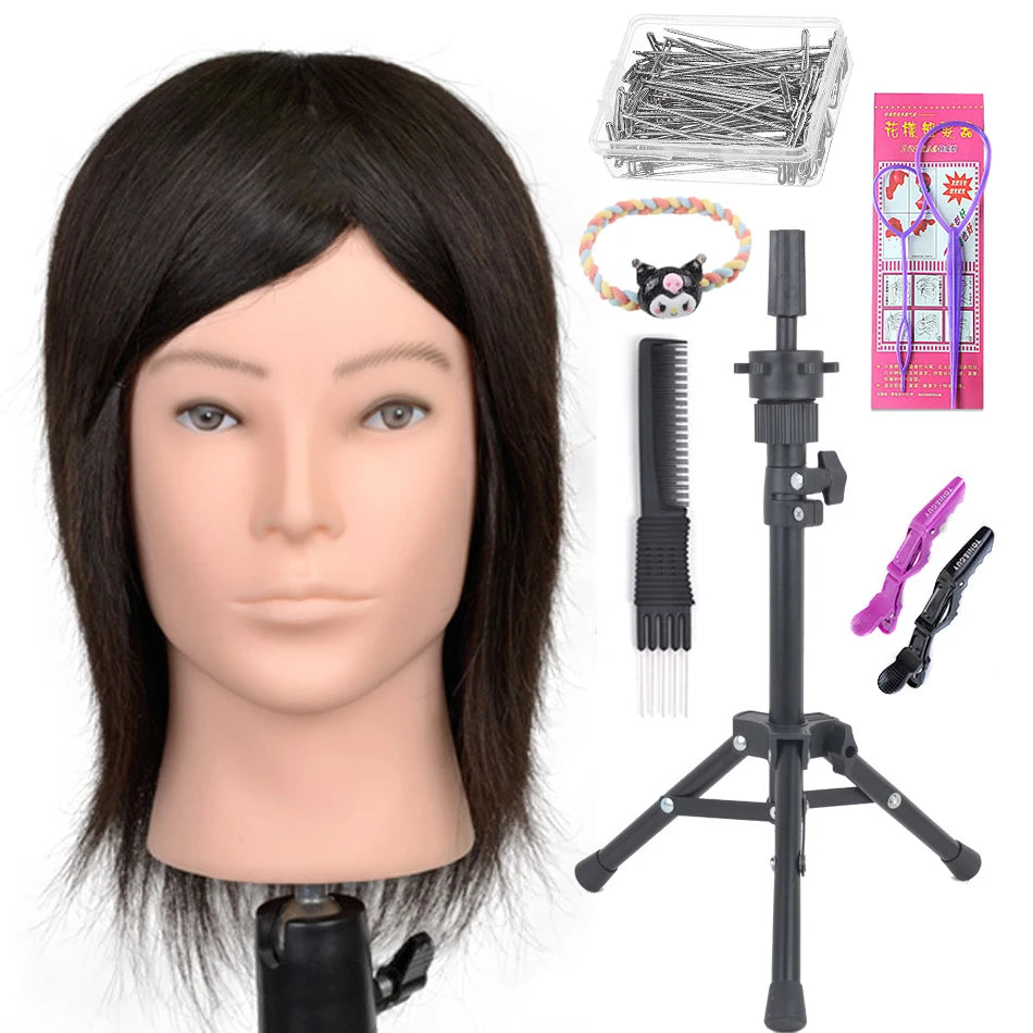 100% Human Hair Male Mannequin Head With Hair Beard Practice Manikin Hairdresser Cosmetology Training Doll Head For Hair Styling