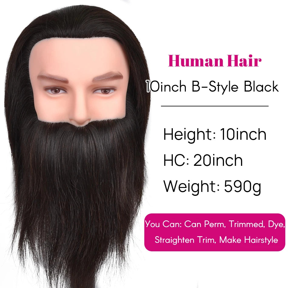 100% Human Hair Male Mannequin Head With Hair Beard Practice Manikin Hairdresser Cosmetology Training Doll Head For Hair Styling