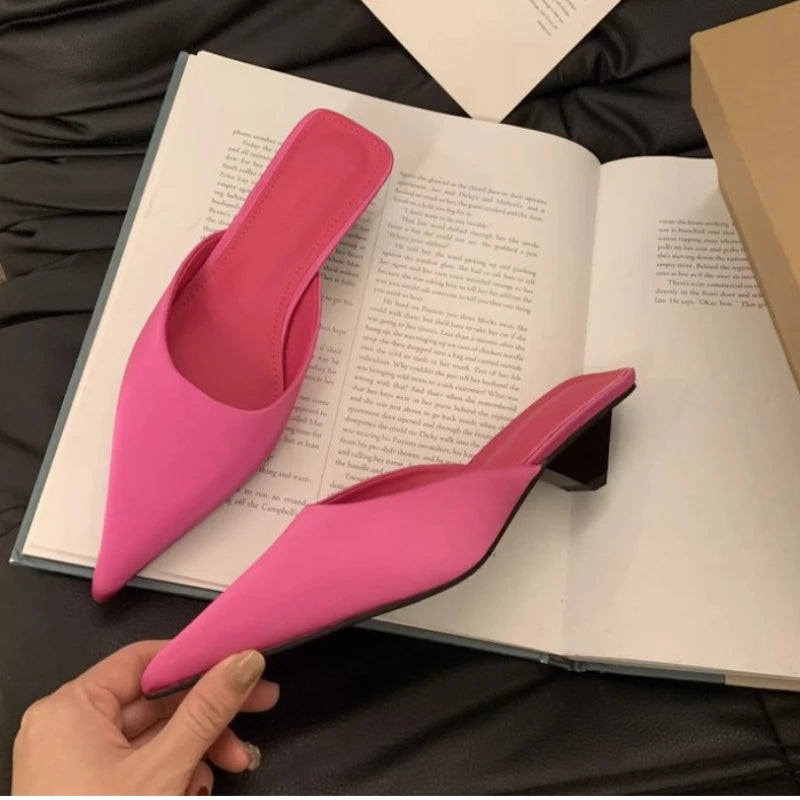 Women Slippers Pointed Toe Leopard Design Shallow Slip on Thin Low Heels Black Flock Design Casual Mules Loafers Black Outdoor