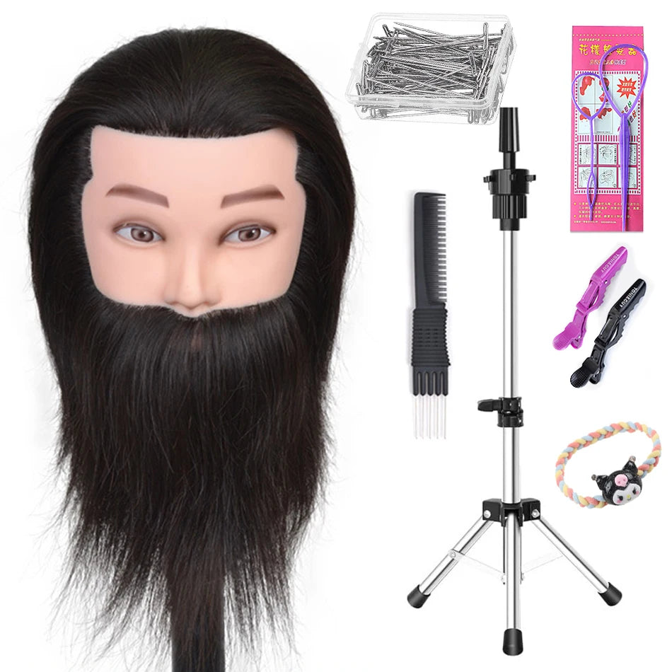100% Human Hair Male Mannequin Head With Hair Beard Practice Manikin Hairdresser Cosmetology Training Doll Head For Hair Styling