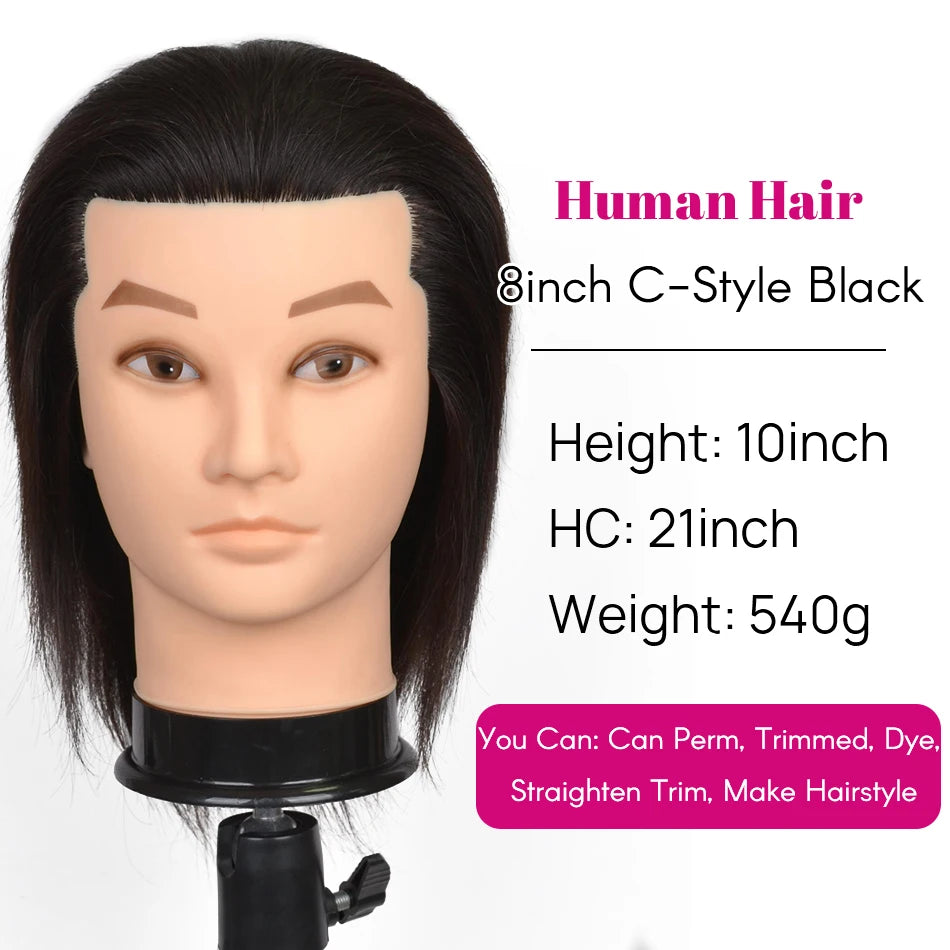 100% Human Hair Male Mannequin Head With Hair Beard Practice Manikin Hairdresser Cosmetology Training Doll Head For Hair Styling
