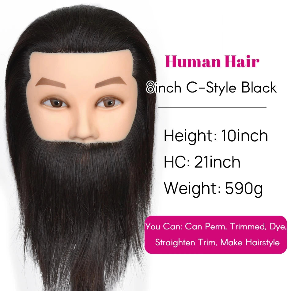 100% Human Hair Male Mannequin Head With Hair Beard Practice Manikin Hairdresser Cosmetology Training Doll Head For Hair Styling