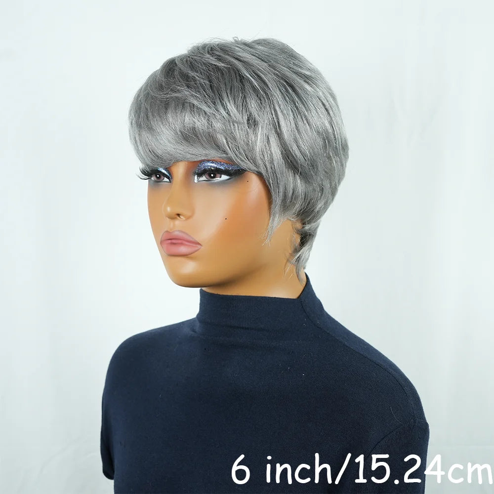 Men's Wig Pixie Cut Human Hair Short Hair With Bangs Silver White Gray 6 Inches Density 180% Machine Made For Men