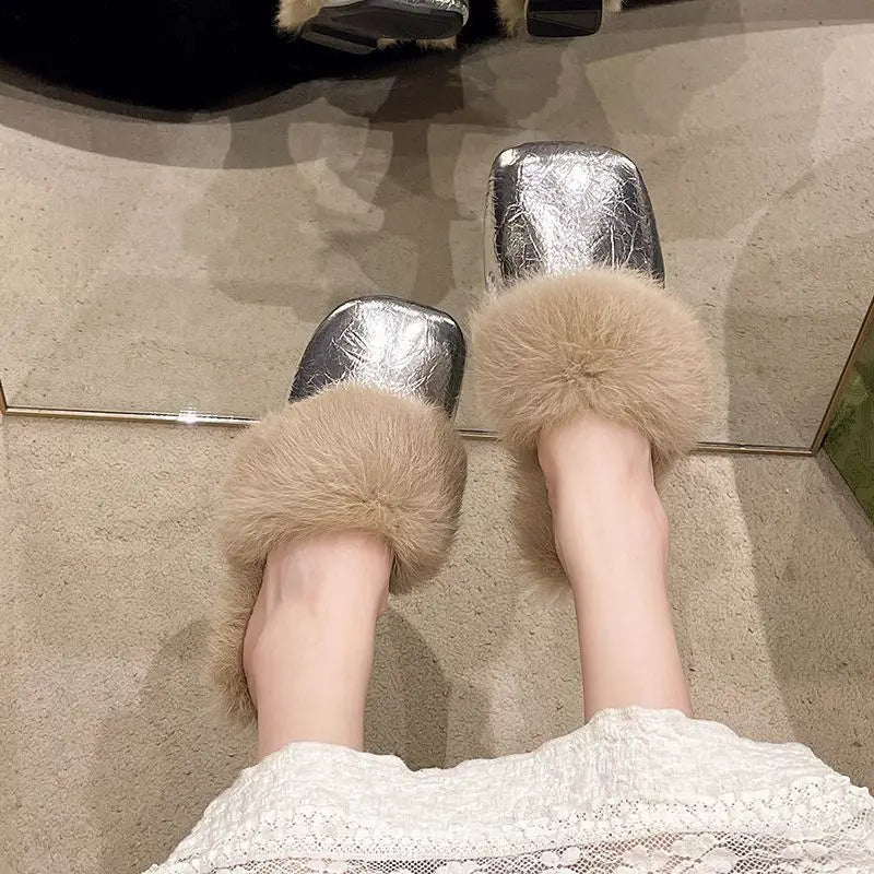 Women's Flat Slippers 2025 Autumn Winter Fashion Outdoor Warm Non Slip Plush Shoes Lightweight Comfortable Casual Half Slippers