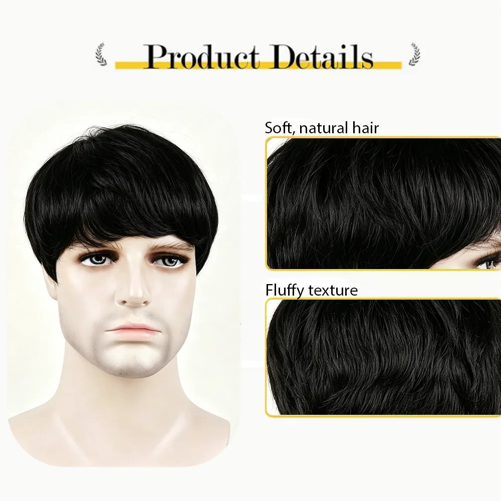 Men's Black Short Full Machine Made Wig with Straight Layered 100% Human Hair Wig with Bangs  for Daily Use