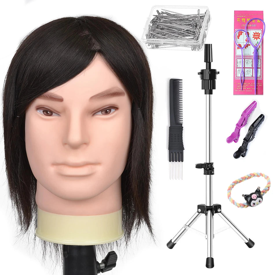 100% Human Hair Male Mannequin Head With Hair Beard Practice Manikin Hairdresser Cosmetology Training Doll Head For Hair Styling
