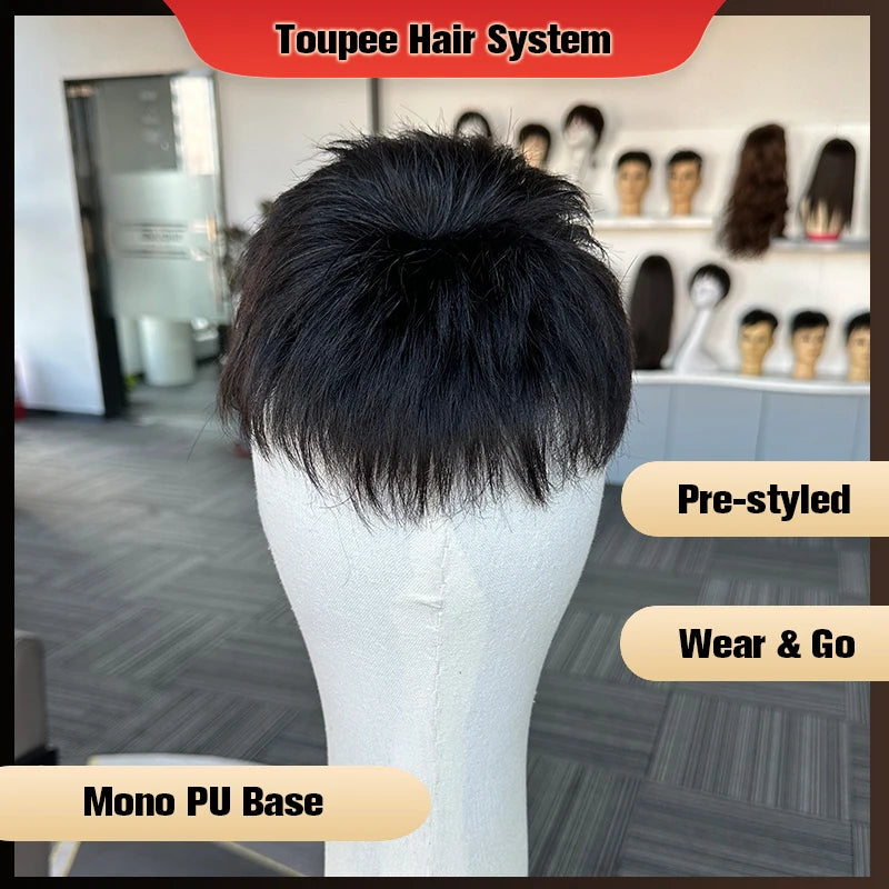 Human Hair System Pre-Cut Mono Base Toupee For Men Unit Ready To Wear PU Wigs For Men Durable Male Hair Prosthesis Men's Wigs